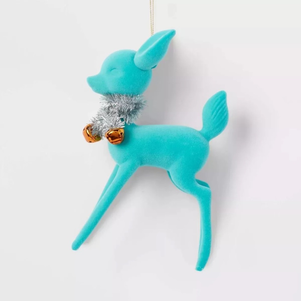 2 Blue Flocked Deer with Tinsel Collar Christmas Tree Ornament - Wondershop™2024